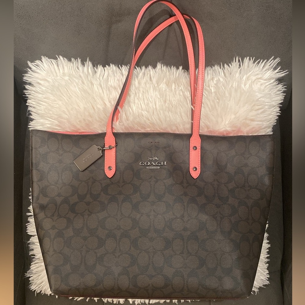 EUC COACH Signature Town Tote Shoulder Purse 76636 BROWN PINK LEMONADE QBR6K